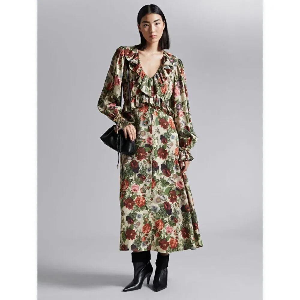 & Other Stories 12 L Maxi Dress V-Neck Ruffle Floral A-Line Midi